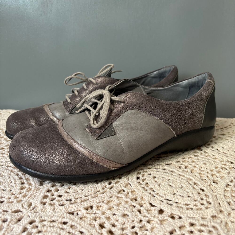 Naot Women's 8/39 Harore Oxford Lace Up Shimmer Leather Gray Nubuck Sneakers